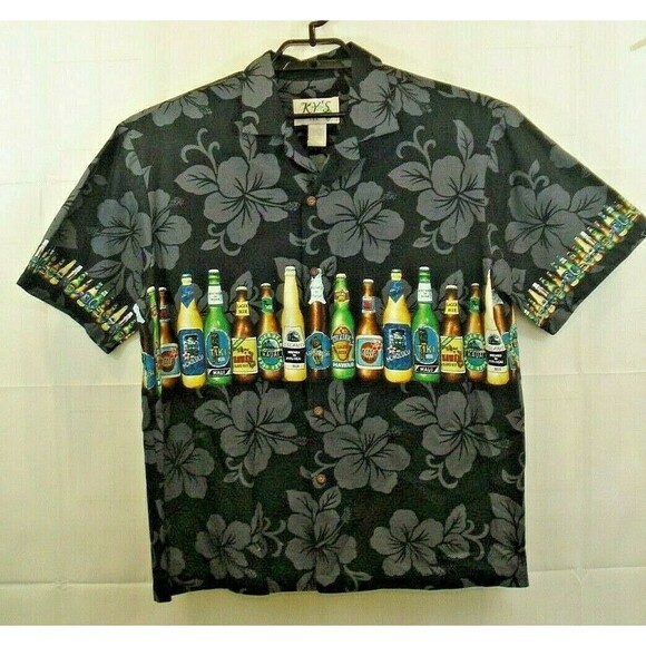 KYs Hawaiian Shirt Floral Beer Button Front Made In Hawaii Mens Size L - Picture 1 of 5